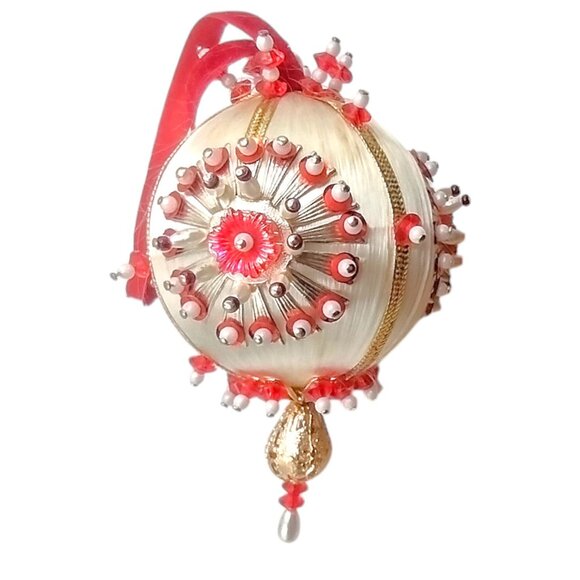 Vintage Beaded Push Pin Ornament Red Jewel White Satin Gold Silver Pearl 4" MCM - Picture 7 of 8